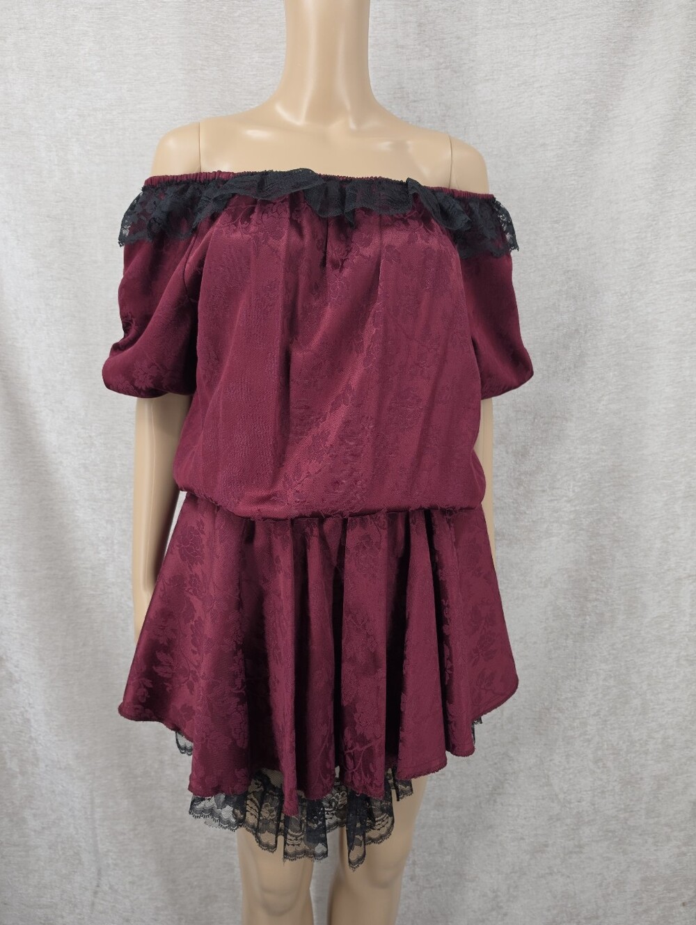 Vintage Off-the-Shoulder Burgundy Satin Jacquard Black Lace Trim Costume Dress - Picture 3 of 8